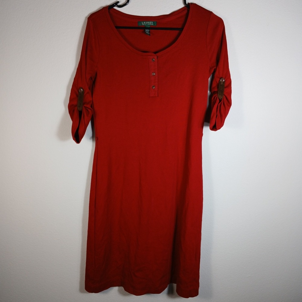 Lauren Ralph Lauren Dress Women's M Red Buttoned Cotton Logo Preppy Classic AC77